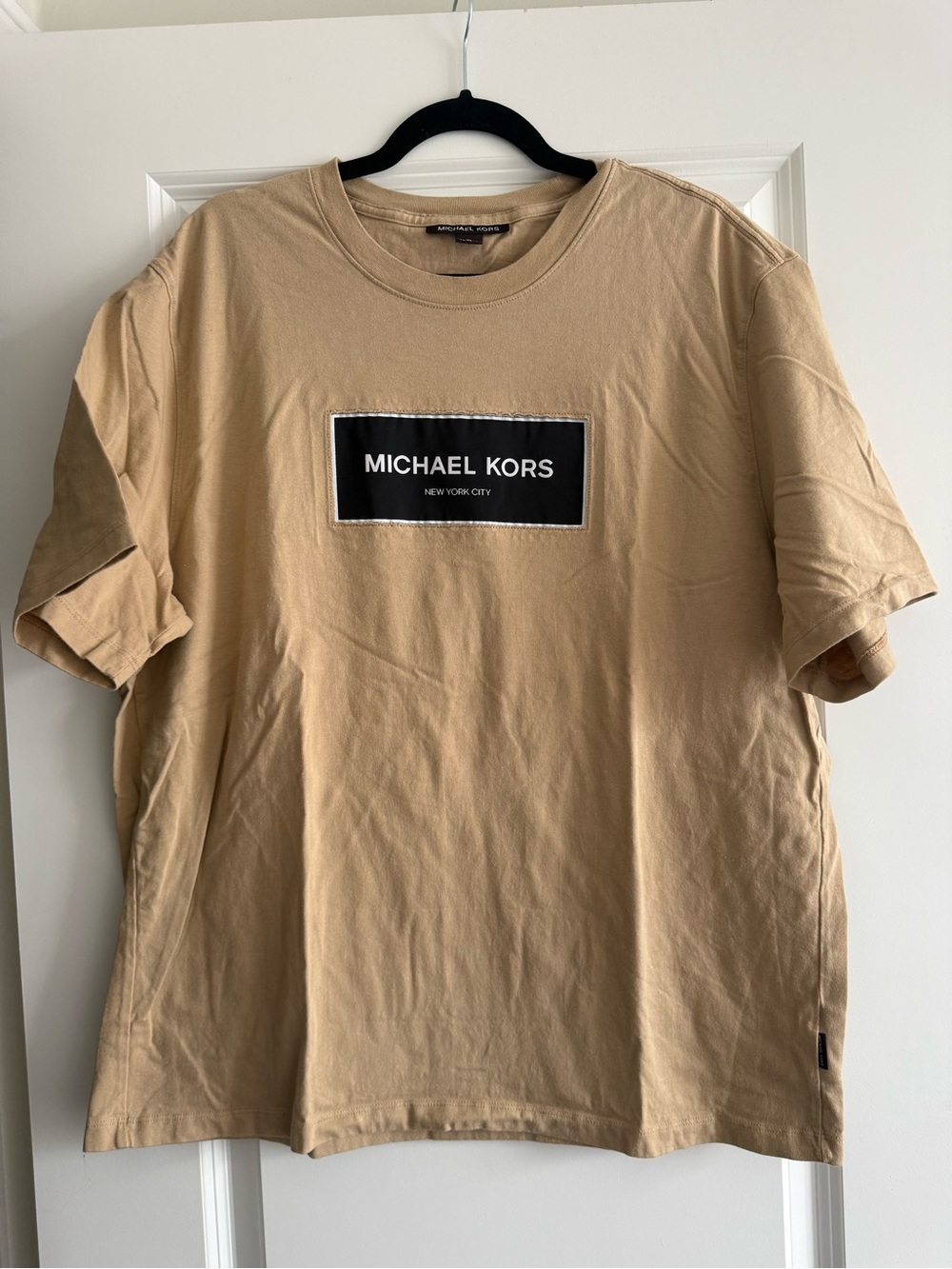 Michael Kors Men’s Tan Crewneck Logo Tee with Black Patch
